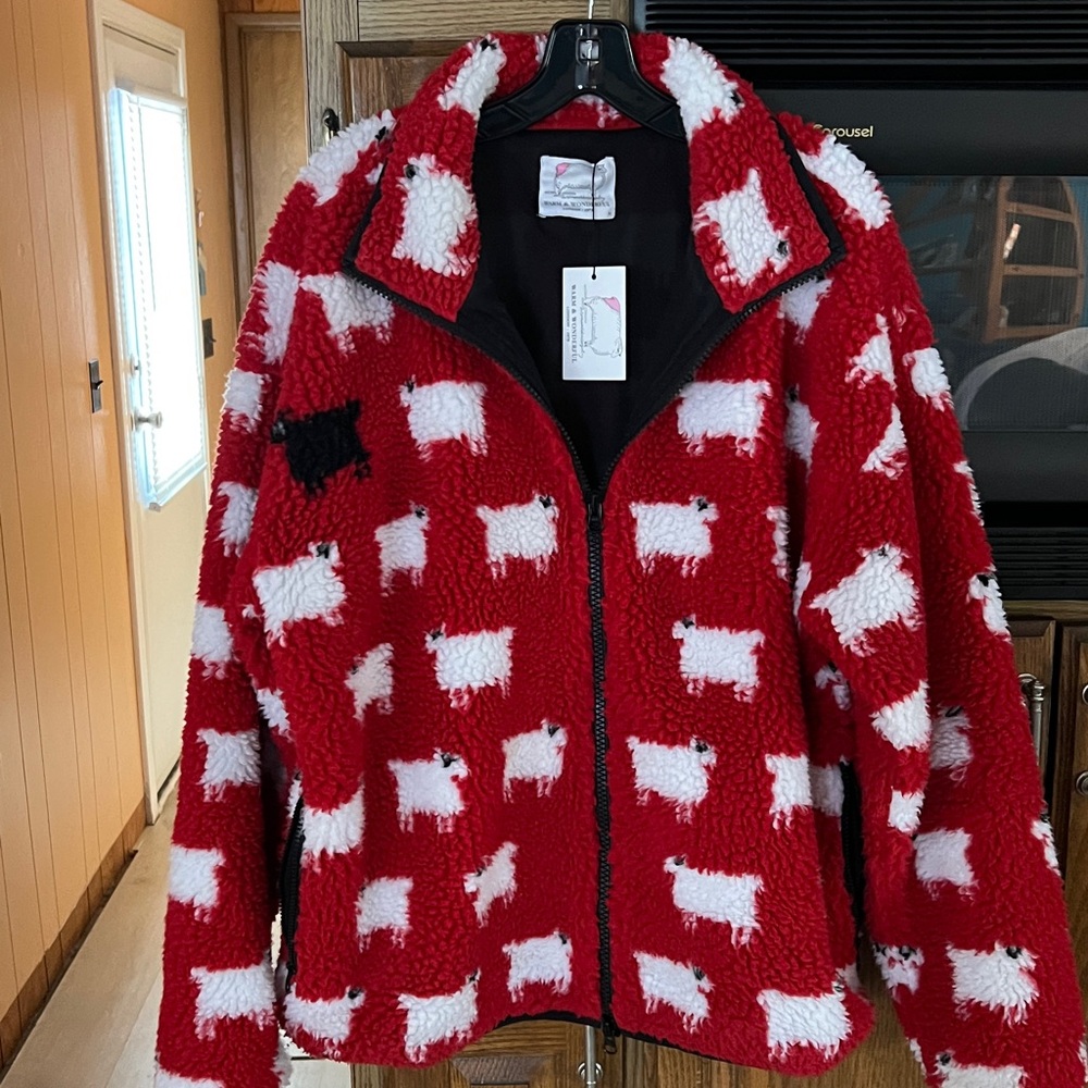 Warm & Wonderful Red, White and Black Sheep Fleece Jacket
